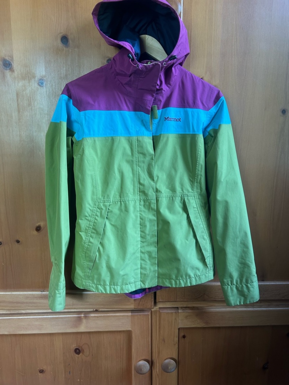 Marmot Colorblock Hooded Rain Jacket in Green, Purple & Turquoise